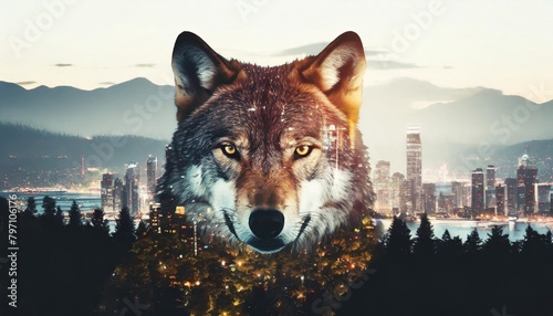 double exposure of cityscape and forest within wolf silhouette