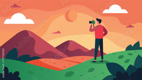 Standing atop a hill with her camera in hand the photographer couldnt help but marvel at how the changing light influenced the entire landscape. Vector illustration