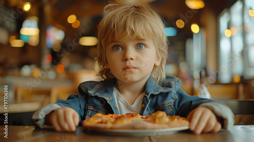 Funny blonde boy in jeans jacket eating pizza at restaurant