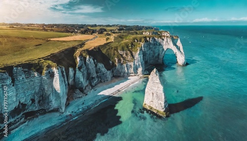 aerial view of the beautiful cliffs of etretat normandy france la manche or english channel