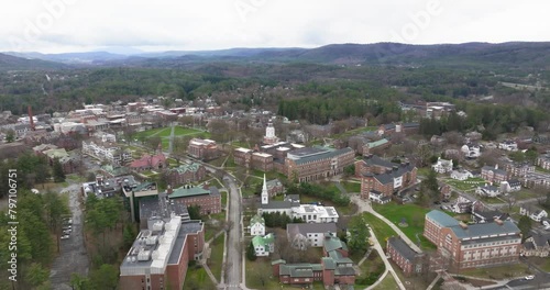 Spring aerial video of Hanover, NH on a partly cloudy day.