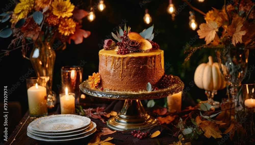 autumn styled cake on a table decorated for a party celebration