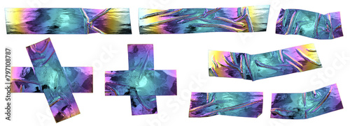 Crumpled iridescent foil adhesive sticky tape. Isolated holographic metal crumpled scotch pieces set for modern design.