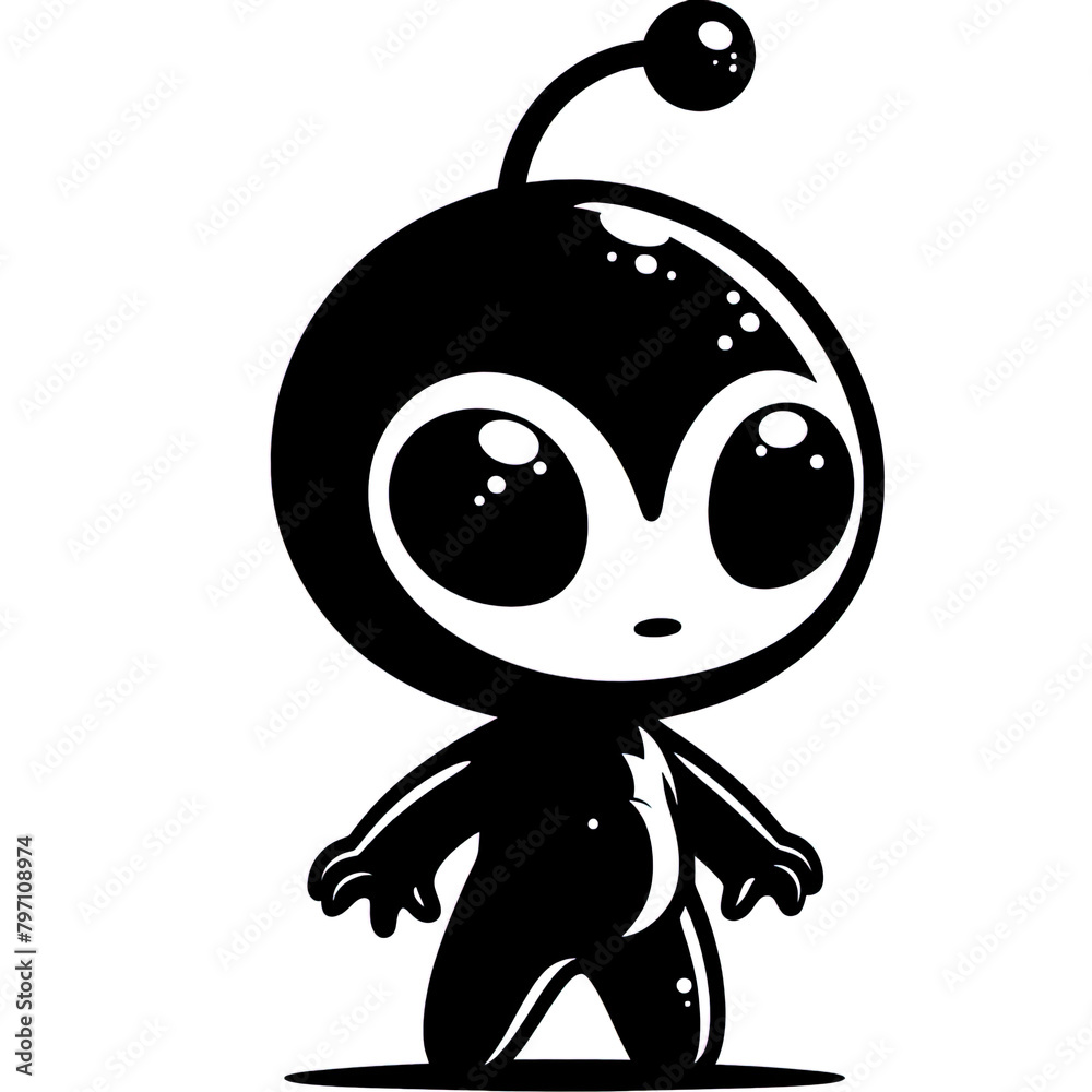 Eine minimalistische schwarz weiße Vektorgrafik eines kleinen Aliens Eine minimalistische schwarz weiße Vektorgrafik eines kleinen Aliens