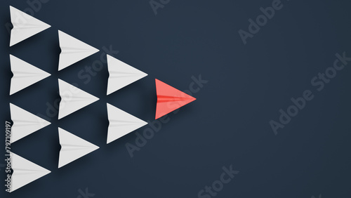 White and red paper plane group. Leadership concept background. 3D rendering.