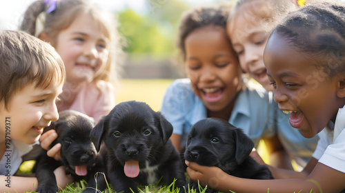 A pack of elated school children studying and handling black baby puppies in a school park setting. It is a close-up image on a bright day. 