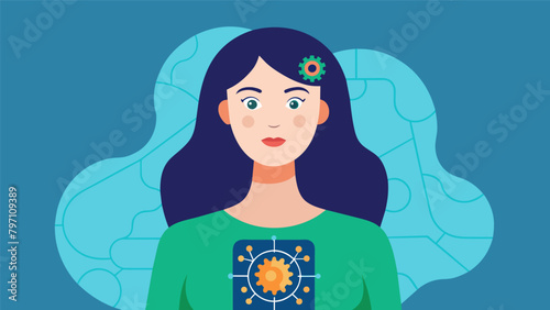 A woman proudly showing off her personalized neural implant with intricate designs and patterns etched into its surface..
