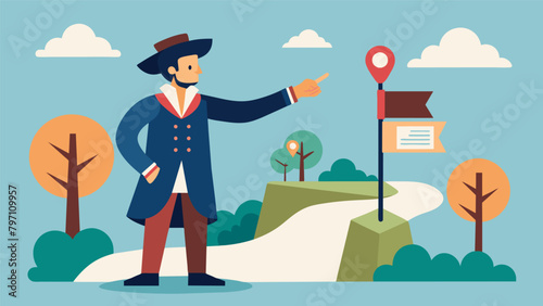 A guide leads a tour through a preserved Freedom Trail pointing out markers of historical significance along the way.. Vector illustration