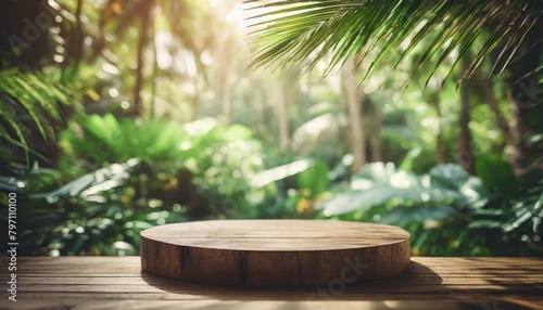 wood tabletop counter podium floor in outdoors tropical garden forest blurred green palm leaf plant nature background natural product placement pedestal stand display summer jungle paradise concept