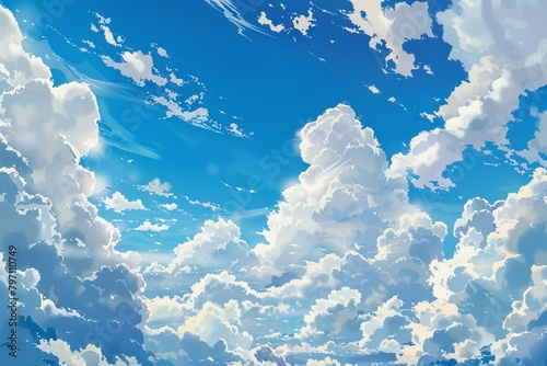 Blue sky in the afternoon with Japanese animation painting style. Blue sky and white clouds in anime.