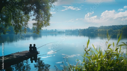 A serene view of two best friends fishing at a peaceful lake on National Best Friends Day.