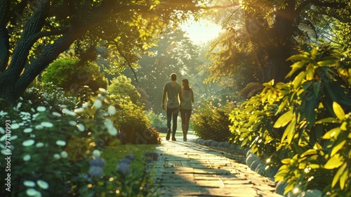 A serene view of two best friends taking a stroll through a beautiful garden on National Best Friends Day. photo