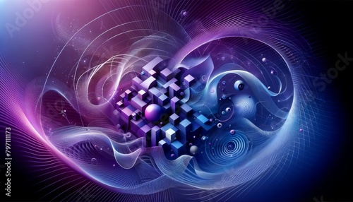  Abstract design with flowing geometric shapes and dynamic energy lines in purple and blue hues, evoking a sense of movement and digital complexity. Science fiction background.