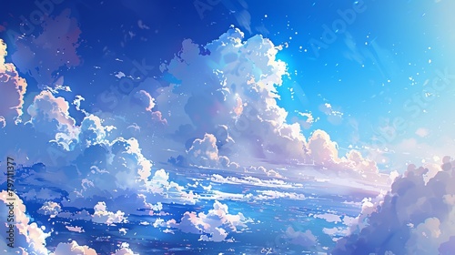 A beautiful anime background of white clouds and blue sky. An anime background with a theme above the clouds.