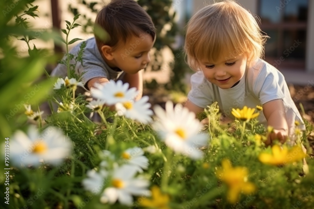 Happy children playing in garden siblings friends flowers fun spring summer youth memory joy sunny day play smiling lifestyle grass kids together activity group observing nature care