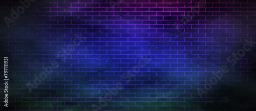 Panoramic Brick Wall With a Neon Lighting. Mystical Background.