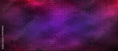 Cyber Neon Brick Wall Panorama. Retro Cyberpunk Background