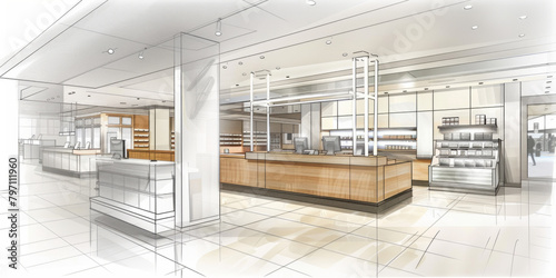 An interior design drawing of the supermarket area in white, grey tiles with light wood accents, large windows, modern style.