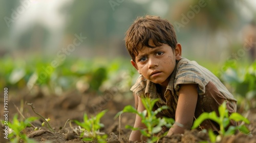 A young boy working in a field, with a tired expression on his face, highlighting the issue of child labor in agriculture.