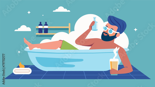 The ultimate selfcare ritual as a man relaxes in a marble bathtub while indulging in a face mask and a glass of champagne..