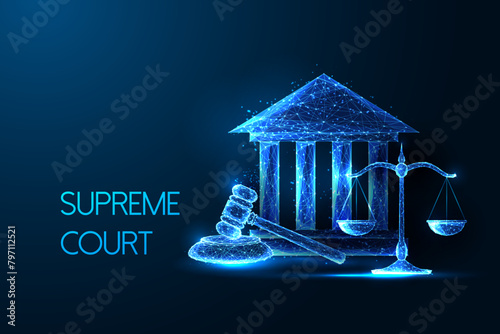 Supreme court, legal system, justice futuristic concept with courthouse, scales, and gavel 