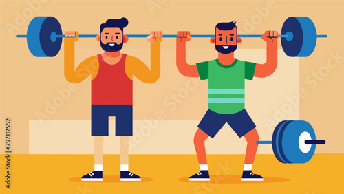 Two men lifting weights at the gym each with a different level of strength and proudly showing off their progress..