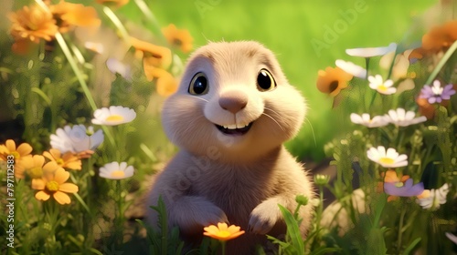Cute ferret in the meadow with flowers. 3d rendering