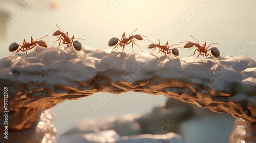 Ants on a stone bridge in winter, close-up.