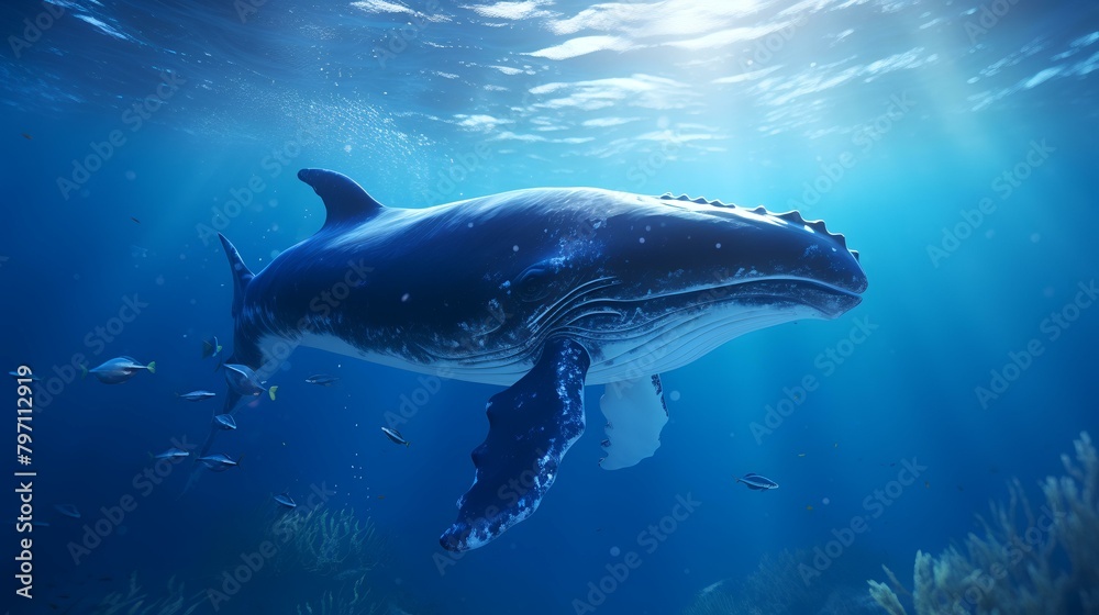 Humpback whale in the deep blue ocean. 3d illustration