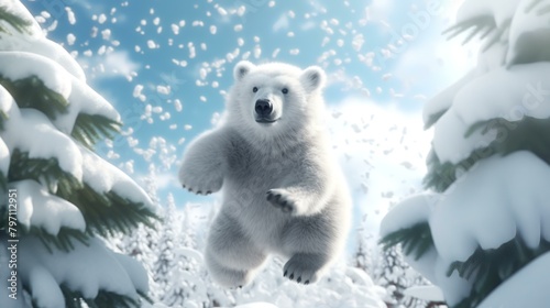 Fototapeta Naklejka Na Ścianę i Meble -  3d rendering of a polar bear jumping in the winter forest.