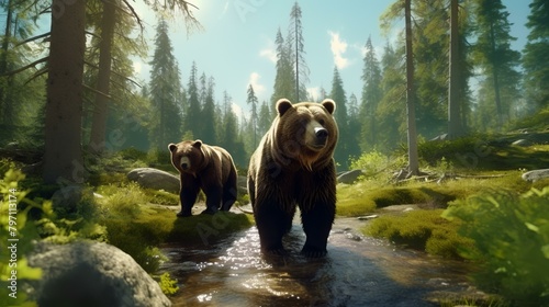 Grizzly bears in the summer forest. 3d render