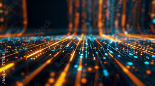 A close-up view of a circuit board with illuminated paths, showcasing a vibrant display of technology in action against a blurred background - Generative AI