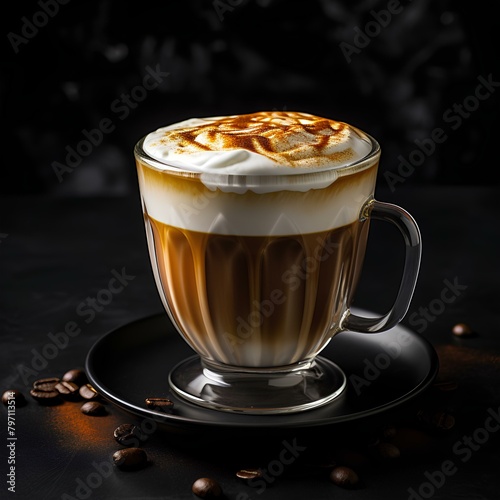 A deliciously layered cappuccino with a generous topping of whipped cream and a dusting of cinnamon, accompanied by whole coffee beans and cinnamon sticks. 