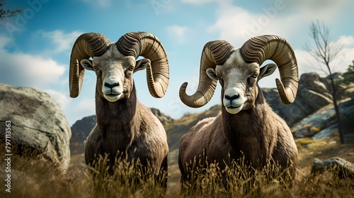 Two bighorn sheep in the meadow. 3D rendering