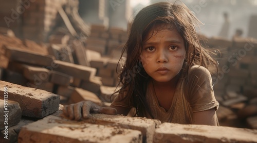 A young girl working in a brick factory, with a sad expression on her face, highlighting the issue of child labor in the construction industry.
