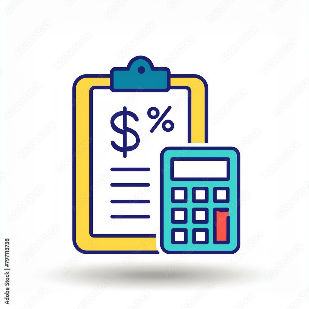 An Icon of a clipboard and calculator, A concept of taxes in personal finance. An Icon of a clipboard and calculator, A concept of taxes in personal finance.