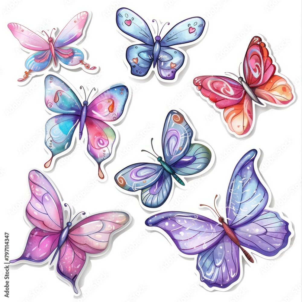 Watercolor stickers set featuring colorful cartoon drawings of butterflies in various sizes. - obrazy, fototapety, plakaty 