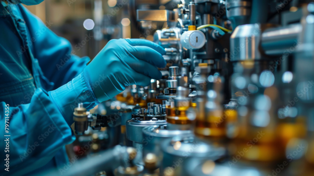 Close-up view of an engineer's hands carefully working on assembling machinery parts in a high-tech factory. Close-up view of an engineer's hands carefully working on assembling machinery parts in a high-tech factory.