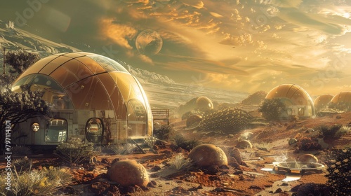 A colony on Mars with large golden domes photo