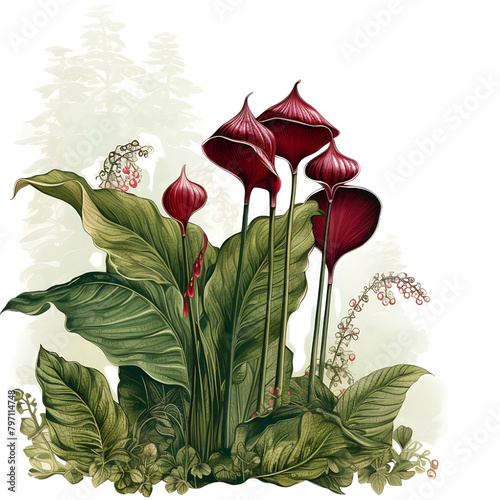 Jack-in-the-Pulpit vertical border. Watercolor botanical banner for the design of invitations, cards, congratulations, announcements, sales, stationery, sharp outline photo