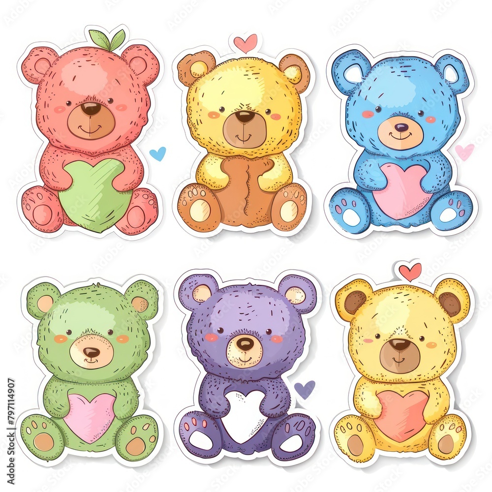 Cartoon bear watercolor stickers set for designing children's cards and posters. - obrazy, fototapety, plakaty 