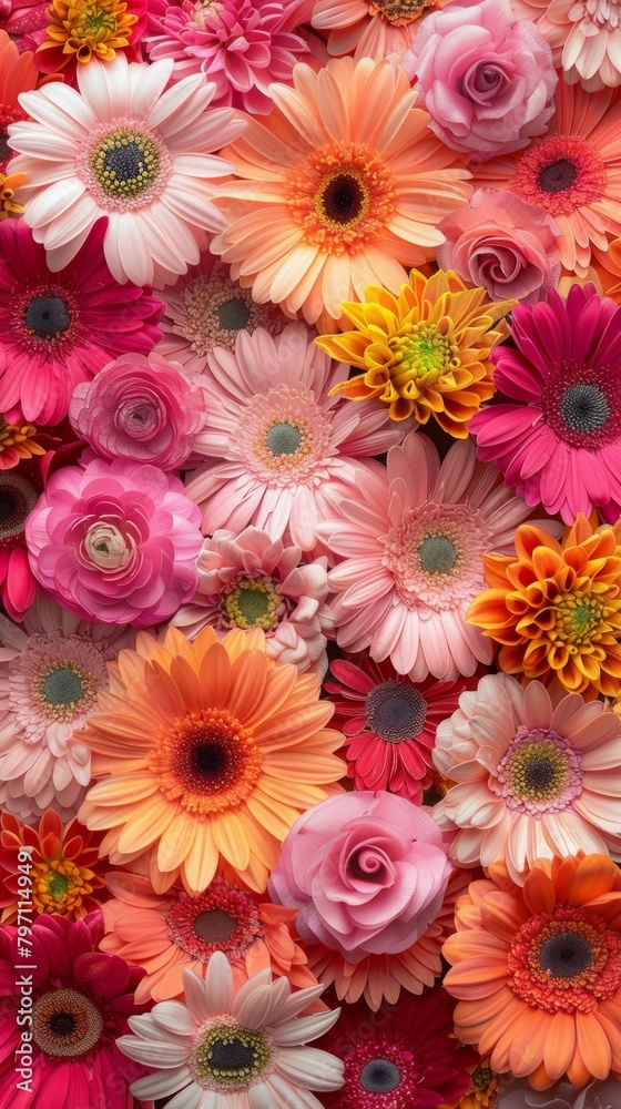Vertical image showcasing a rich tapestry of colorful flowers densely arranged Vertical image showcasing a rich tapestry of colorful flowers densely arranged