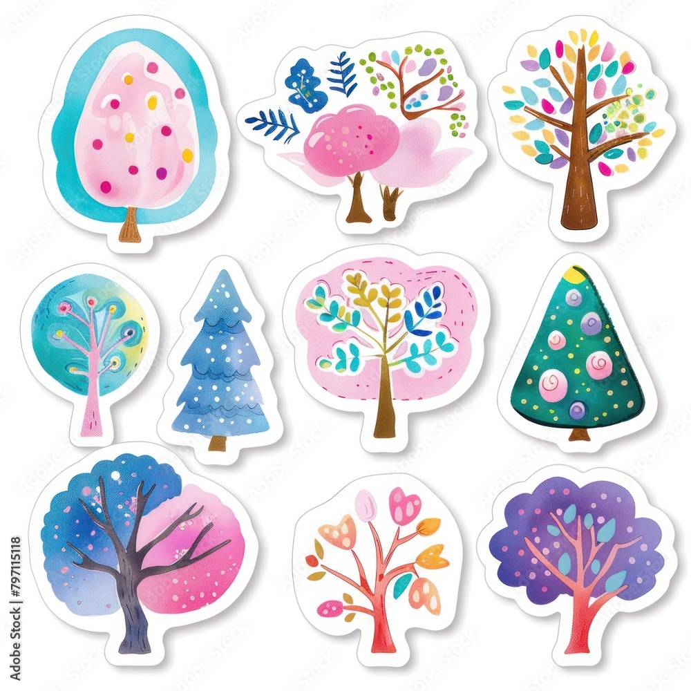 Set of watercolor stickers with colorful trees for postcard design. - obrazy, fototapety, plakaty 