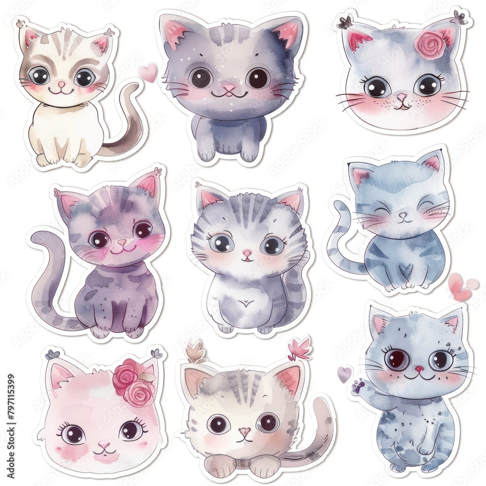 A collection of watercolor stickers with kittens for the design of children's posters and cards. - obrazy, fototapety, plakaty 