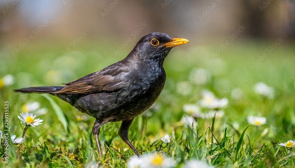 blackbird foraging for food in the park lawn blackbird foraging for food in the park lawn