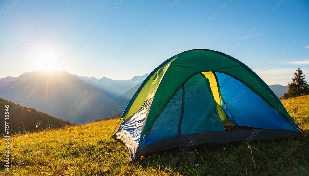 camping tent high in the mountains tourist tent camping in mountains at sunset