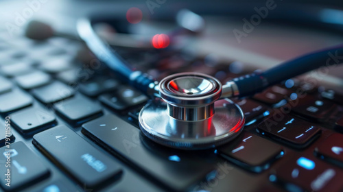 A close-up of a stethoscope lying on a computer keyboard, symbolizing healthcare and technology. photo