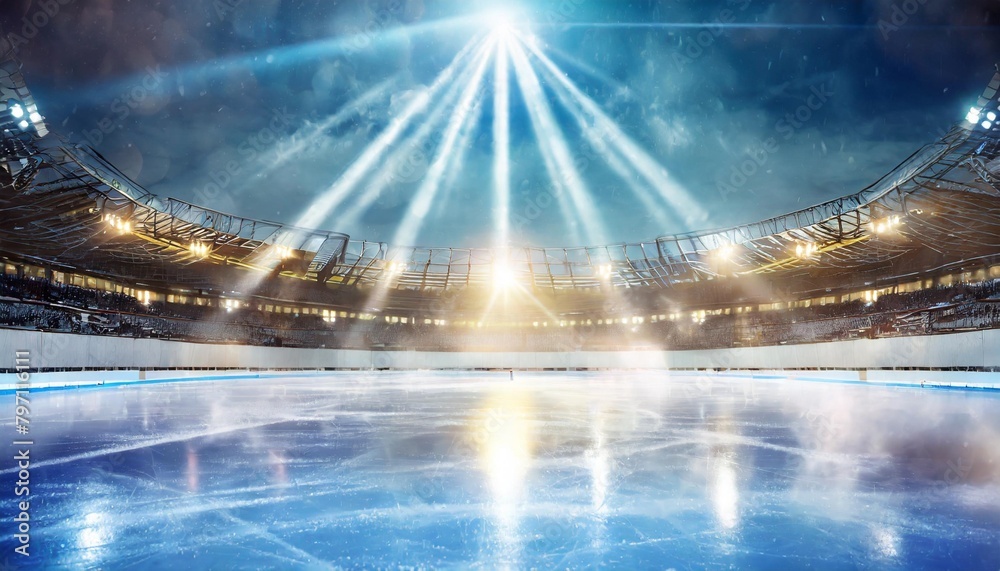 spotlights on outdoor hockey stadium with an empty ice rink light beams neon lights reflection and smoke ice show or figure skating concept