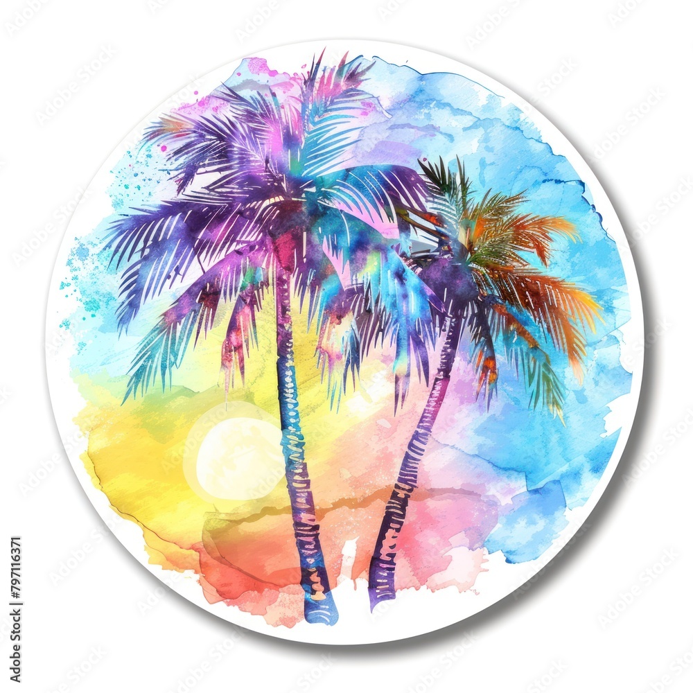 A round sticker with a watercolor painting of three palm trees on a beach. The sky is a gradient of blue, purple, and orange, and the sun is in the background. - obrazy, fototapety, plakaty 