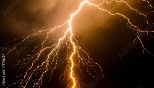 a complete black background thunder and lighning bursting from the center in all directions color of the lighning bright orange generative ai